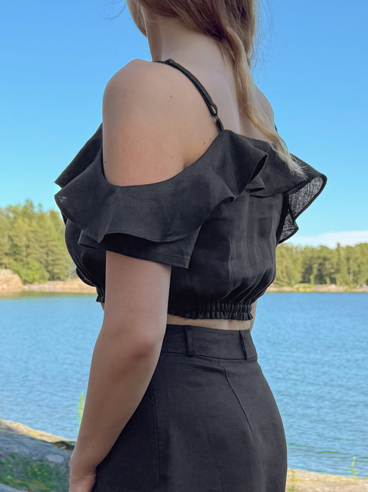 100% Linen Ruffle Top Black