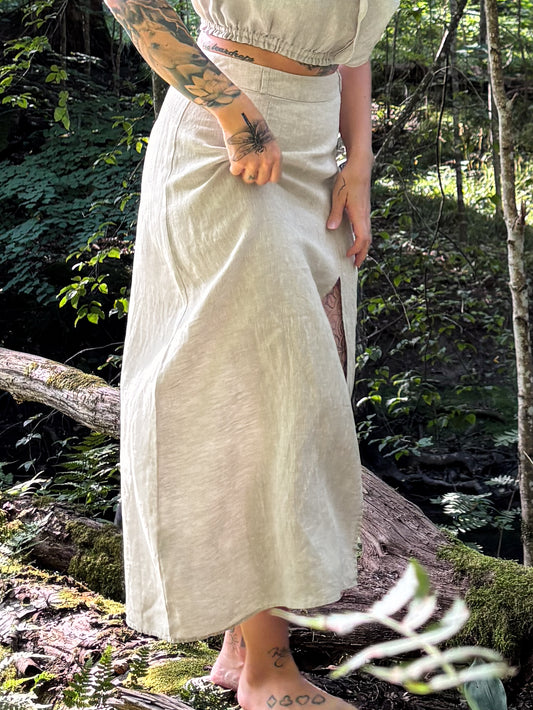 100% Linen High Waisted Slit Skirt Flax