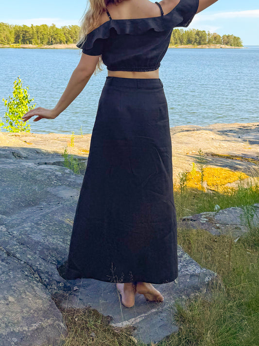 100% Linen High Waisted Slit Skirt Black