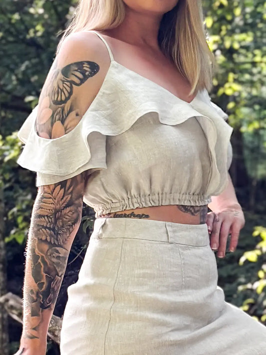 Women's Ruffle Crop Top in 100% French Linen Flax color for Australian summer