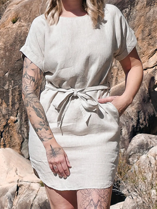 T-Shirt Dress for women in Australia, 100% French linen in flax. Perfect for summer, casual outings, and everyday 