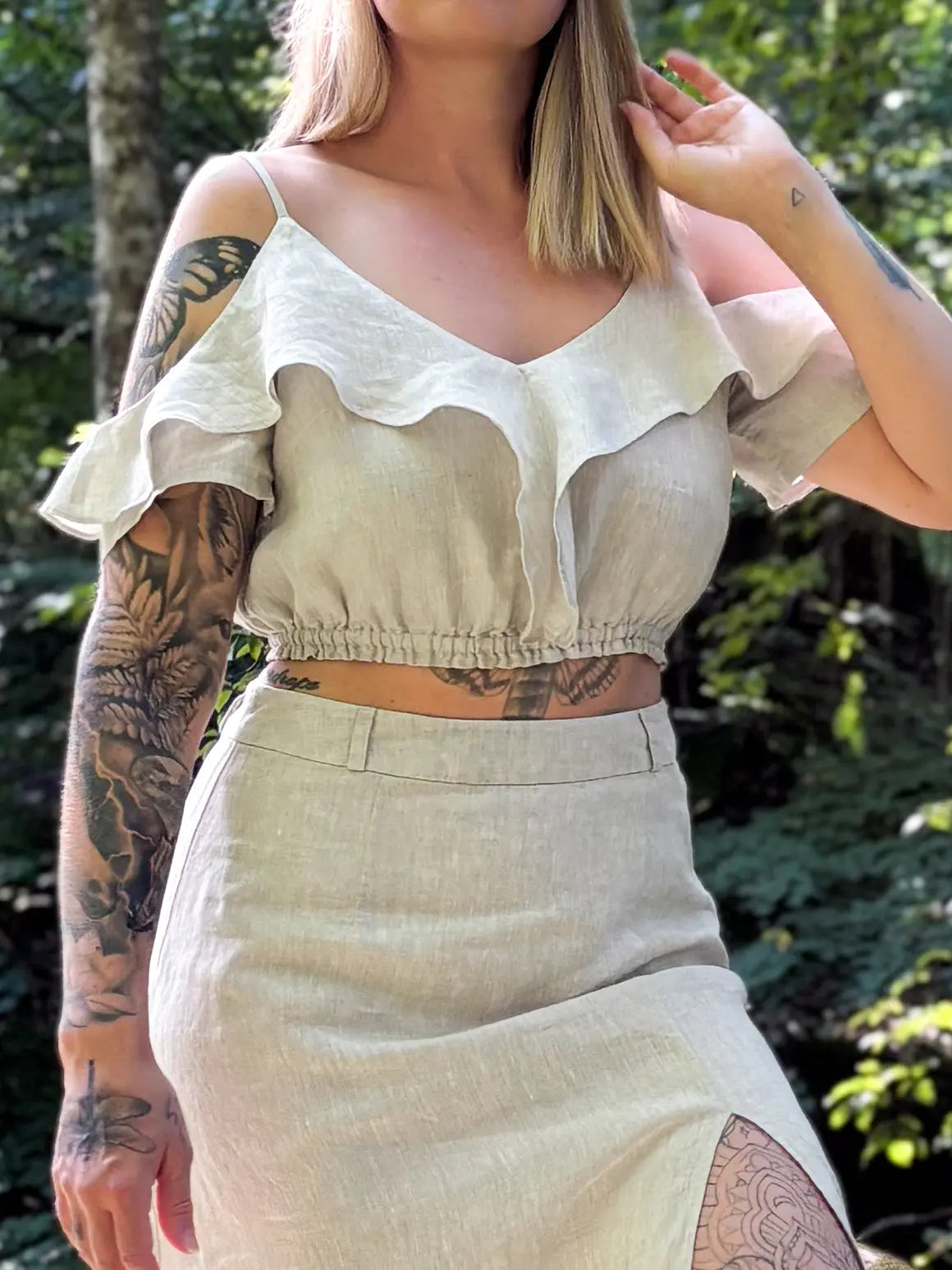  French linen ruffle top Stylish woman wearing a lightweight flax pure linen top in Australia