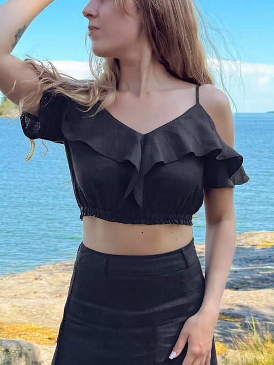 Ruffle top for women in Australia made from 100% French linen in black color